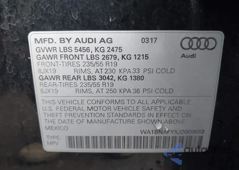 2018 Audi Q5 2.0T Premium/2.0T Tech Premium из США, поврежденный, VIN WA1BNAFYXJ2009883